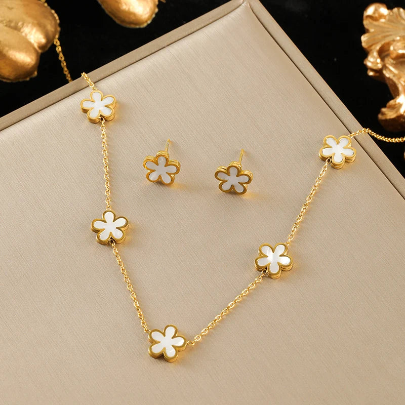 EILIECK 316L Stainless Steel White Flower Petal Necklace Bracelet Earrings Set Fashion Gold Color Waterproof Jewelry Lady Gift