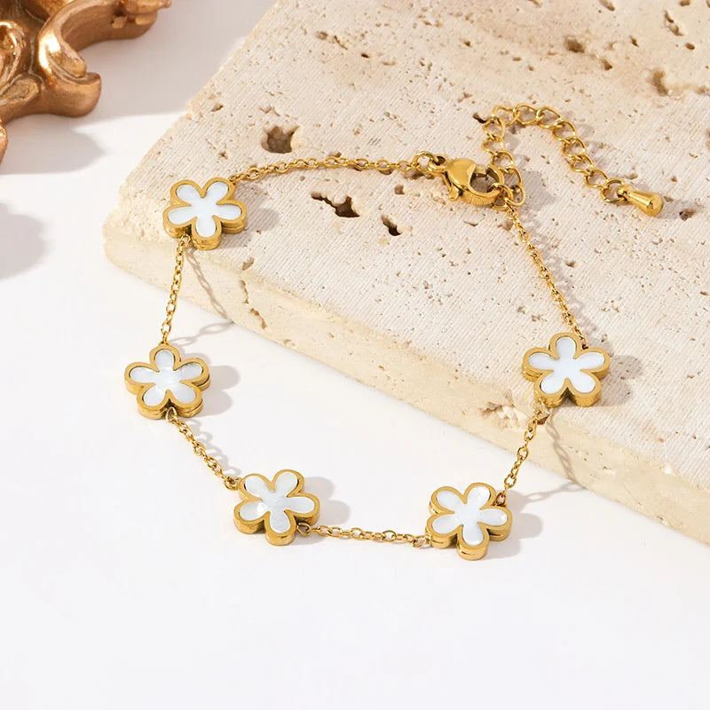 EILIECK 316L Stainless Steel White Flower Petal Necklace Bracelet Earrings Set Fashion Gold Color Waterproof Jewelry Lady Gift