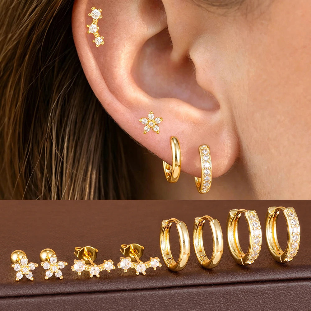 8PCS Luxury Stainless Steel Zircon Flower Stud Earrings Sets For Women Geometry Hoop Earring Fashion Punk Unisex Rock Jewelry