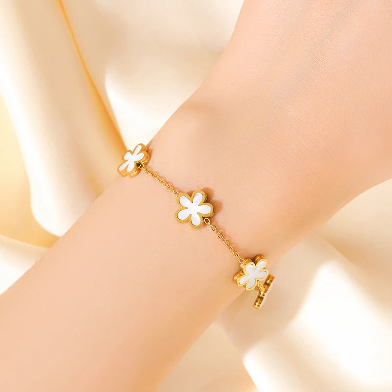 EILIECK 316L Stainless Steel White Flower Petal Necklace Bracelet Earrings Set Fashion Gold Color Waterproof Jewelry Lady Gift