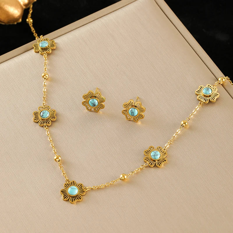 EILIECK 316L Stainless Steel White Flower Petal Necklace Bracelet Earrings Set Fashion Gold Color Waterproof Jewelry Lady Gift