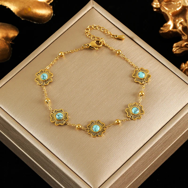 EILIECK 316L Stainless Steel White Flower Petal Necklace Bracelet Earrings Set Fashion Gold Color Waterproof Jewelry Lady Gift