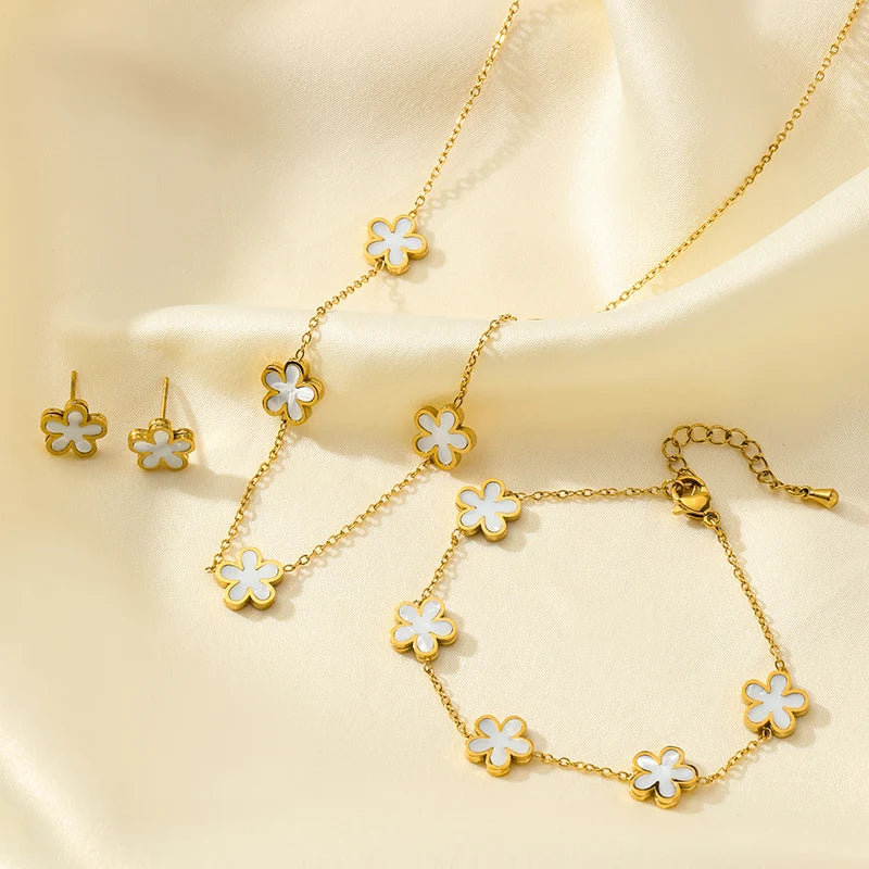EILIECK 316L Stainless Steel White Flower Petal Necklace Bracelet Earrings Set Fashion Gold Color Waterproof Jewelry Lady Gift