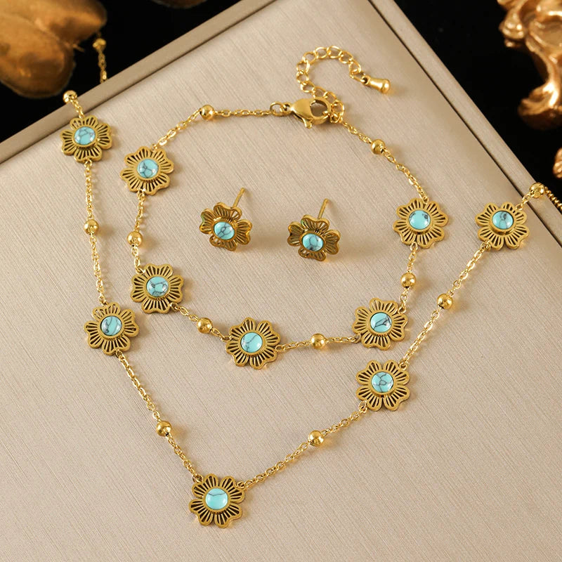 EILIECK 316L Stainless Steel White Flower Petal Necklace Bracelet Earrings Set Fashion Gold Color Waterproof Jewelry Lady Gift