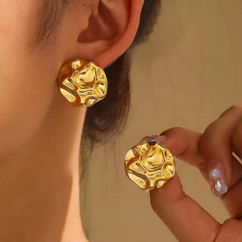 Stainless Steel Metal Irregular Pleated Stud Earrings For Women Vintage Gold Color Heart Geometric Temperament Earrings 2024 New