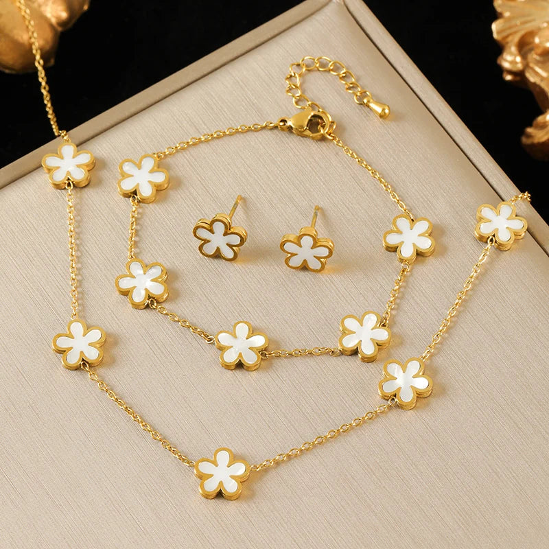 EILIECK 316L Stainless Steel White Flower Petal Necklace Bracelet Earrings Set Fashion Gold Color Waterproof Jewelry Lady Gift