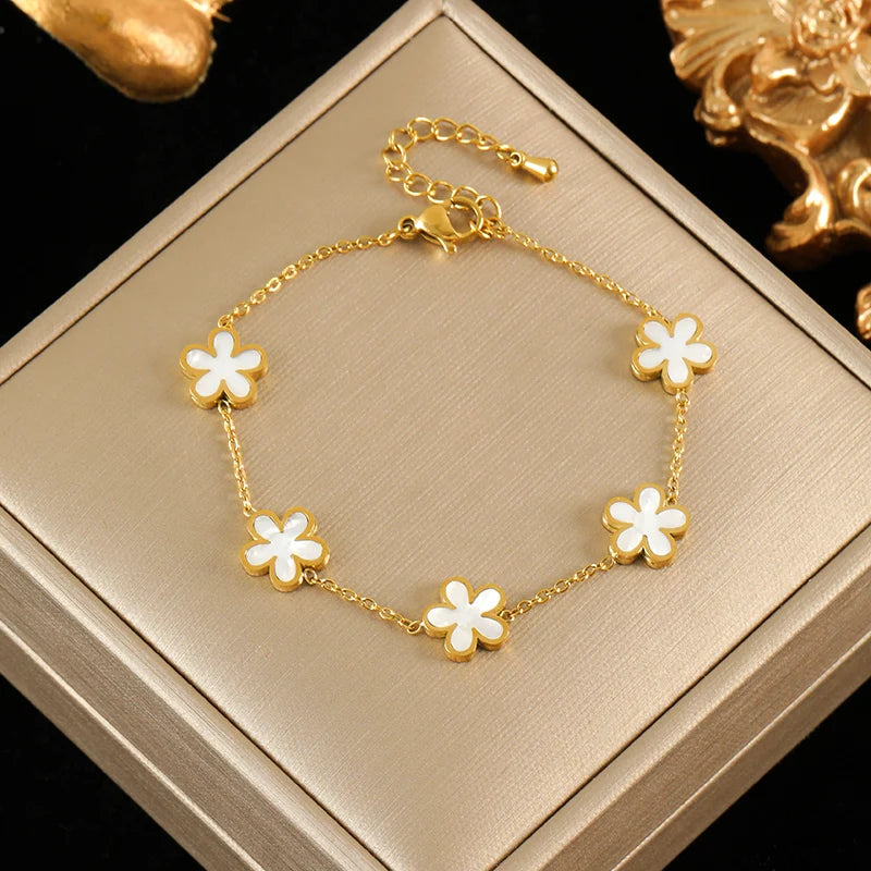 EILIECK 316L Stainless Steel White Flower Petal Necklace Bracelet Earrings Set Fashion Gold Color Waterproof Jewelry Lady Gift